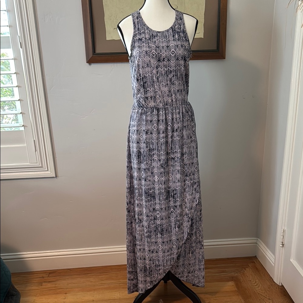 Blue and White Asymmetrical Halter Maxi Sundress